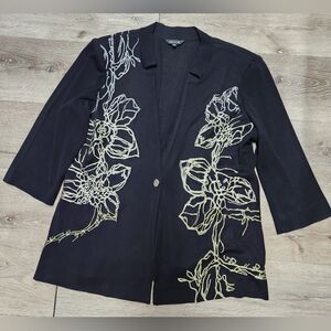 MISOOK Embroidered One Button Knit Suit Jacket Black Shoulder Padded Size L